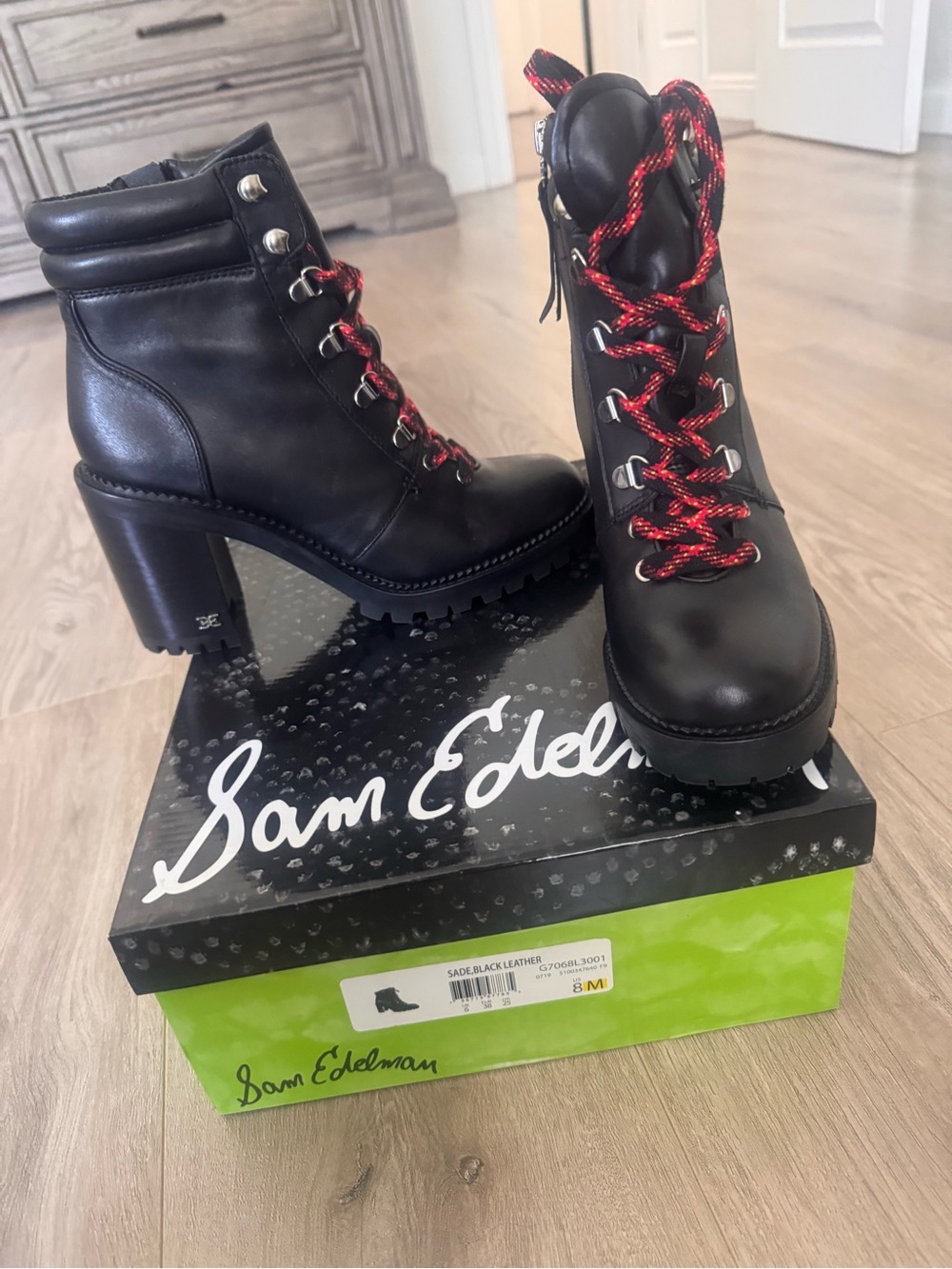 Sam Edelman Black Leather Lace-Up Chunky Heel Boots with Red Laces